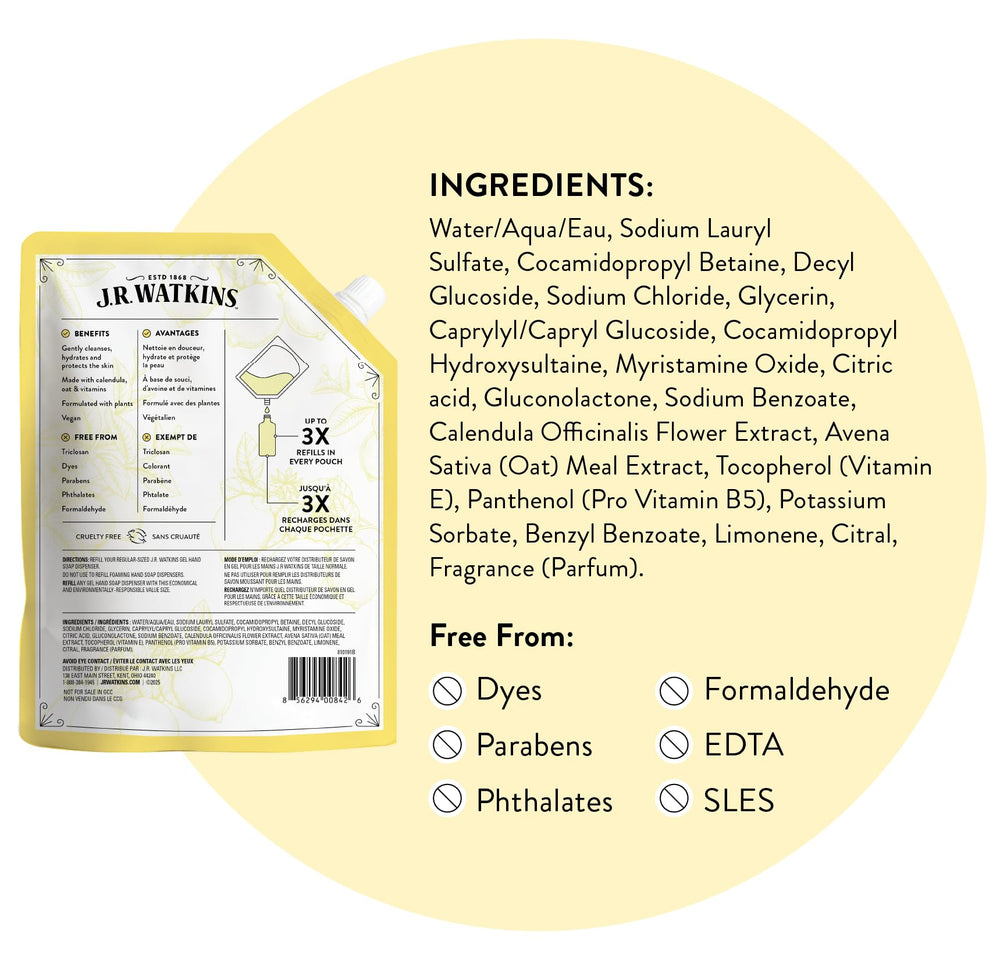 J.R. Watkins refill pouch packaging to illustrate reduced waste benefit