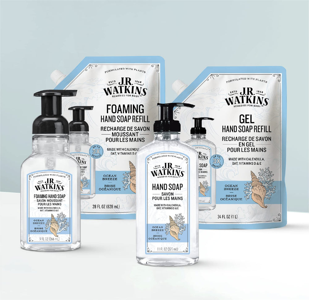 J.R. Watkins foamy texture on hand highlighting gentle cleanse and soft feel benefit