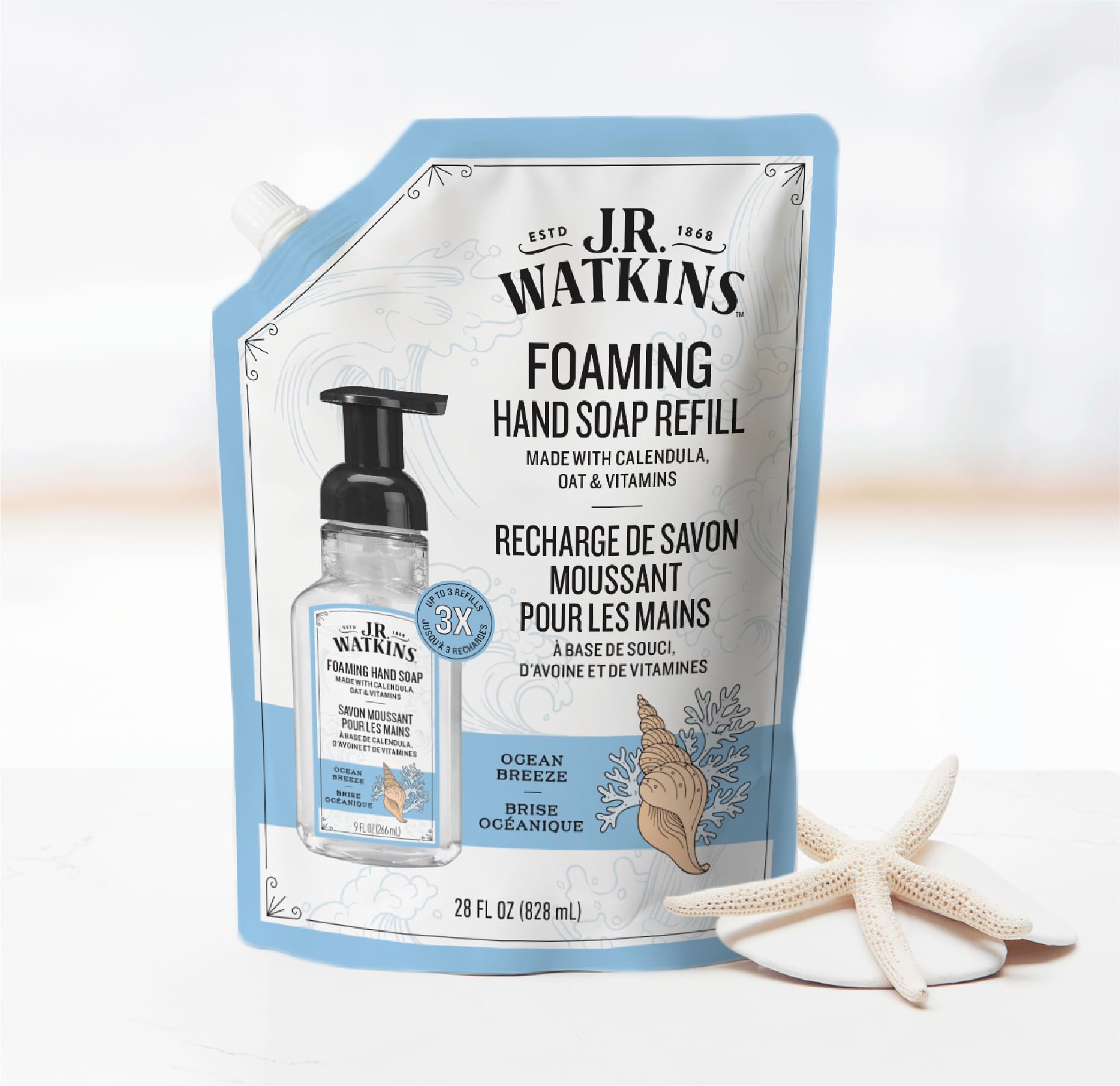 J.R. Watkins pouring refill into foaming bottle for easy use benefit