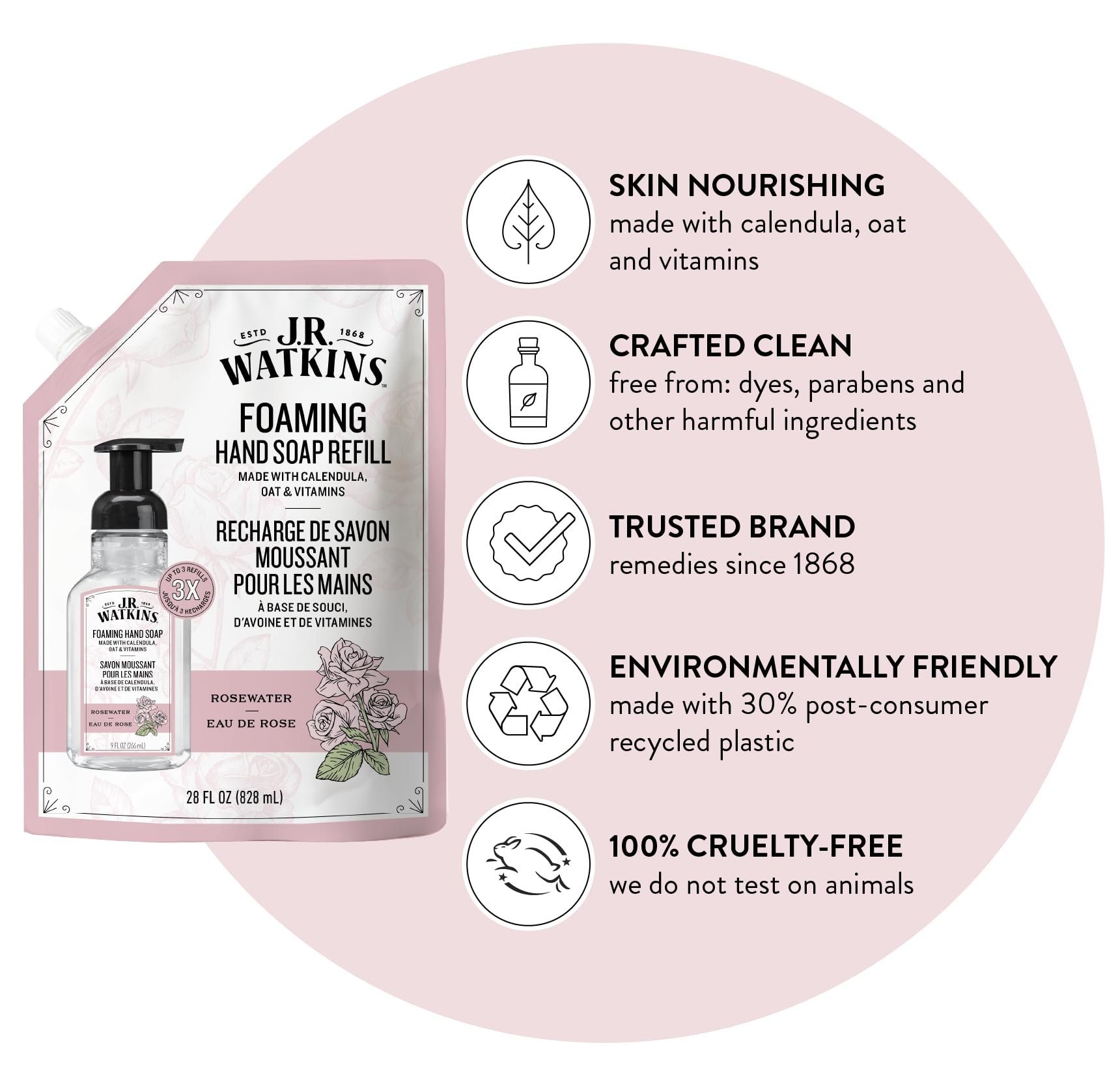 J.R. Watkins close-up of pouch spout for easy, mess-free refill benefit