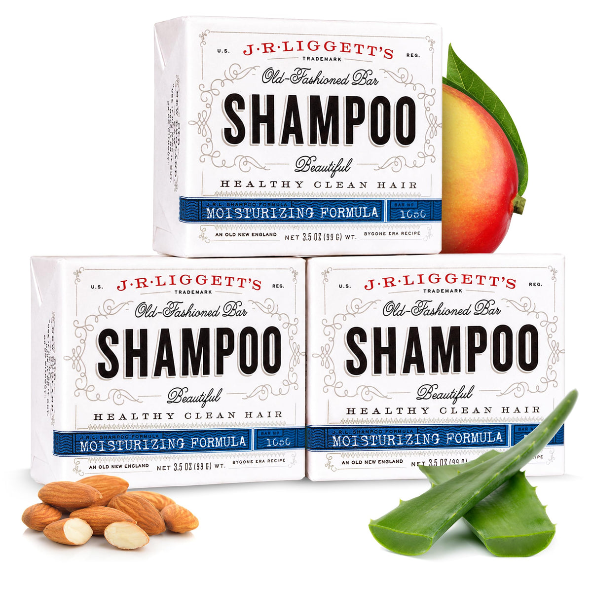 J·R·LIGGETT'S front packaging showing three shampoo bars and plastic-free benefits