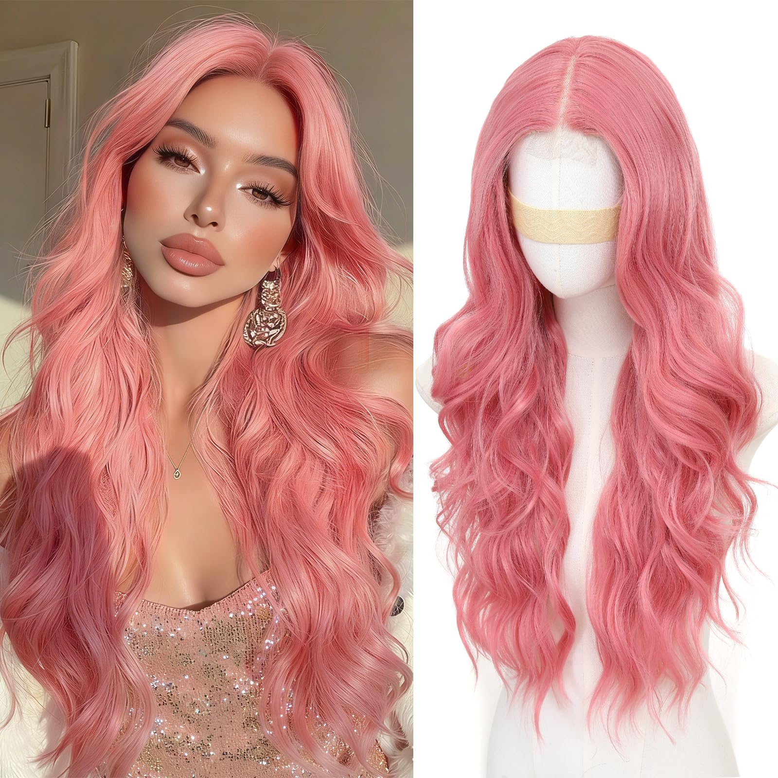 JSDshine front view showing long wavy pink style and natural appearance