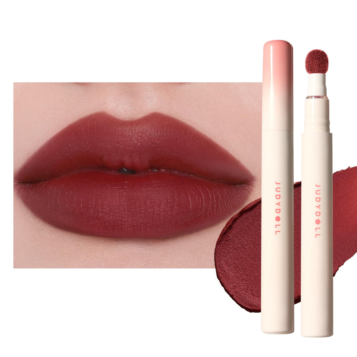 JUDYDOLL front packaging showing red matte shade and sleek tube for easy storage