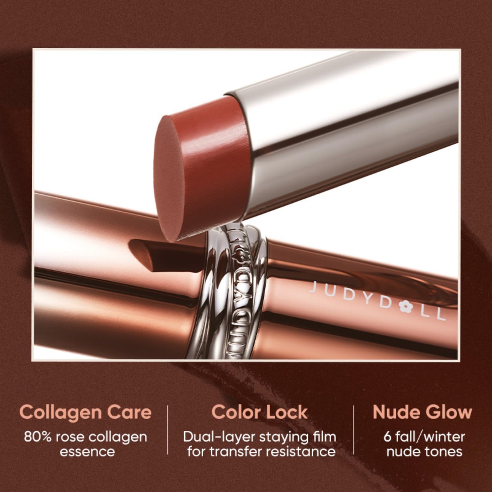 JUDYDOLL lipstick held in hand demonstrating true size and portability benefit