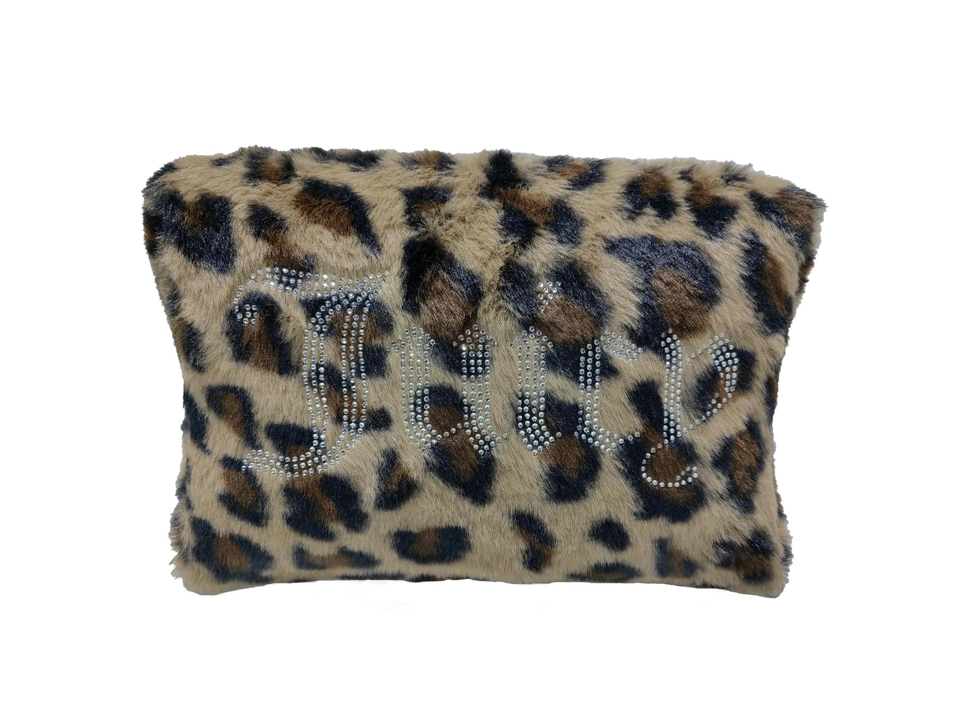 Juicy Couture front view of brown leopard makeup bag shows stylish travel-ready design