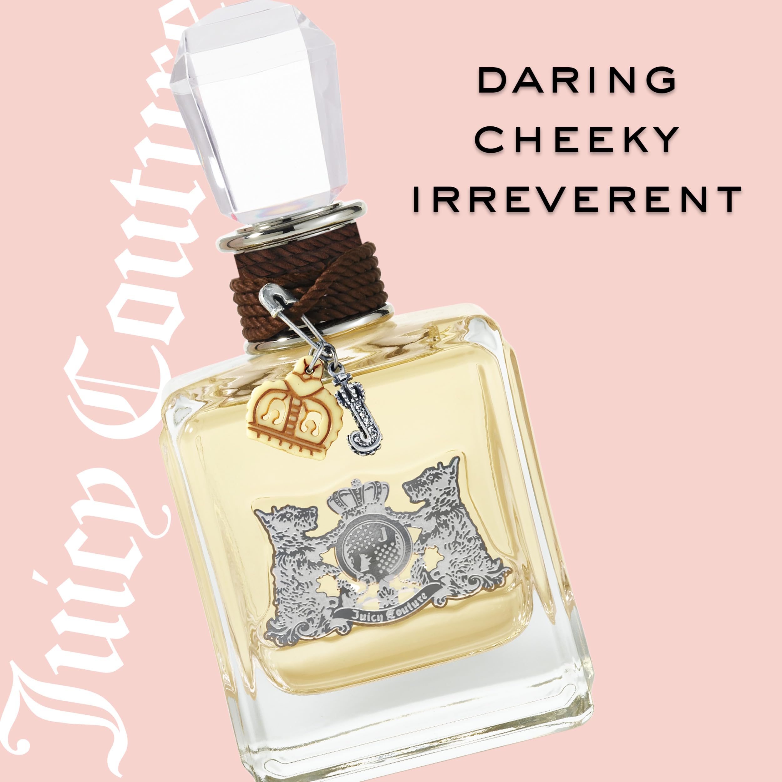 Juicy Couture 3.4 fl oz bottle next to a hand for scale and travel-friendly size
