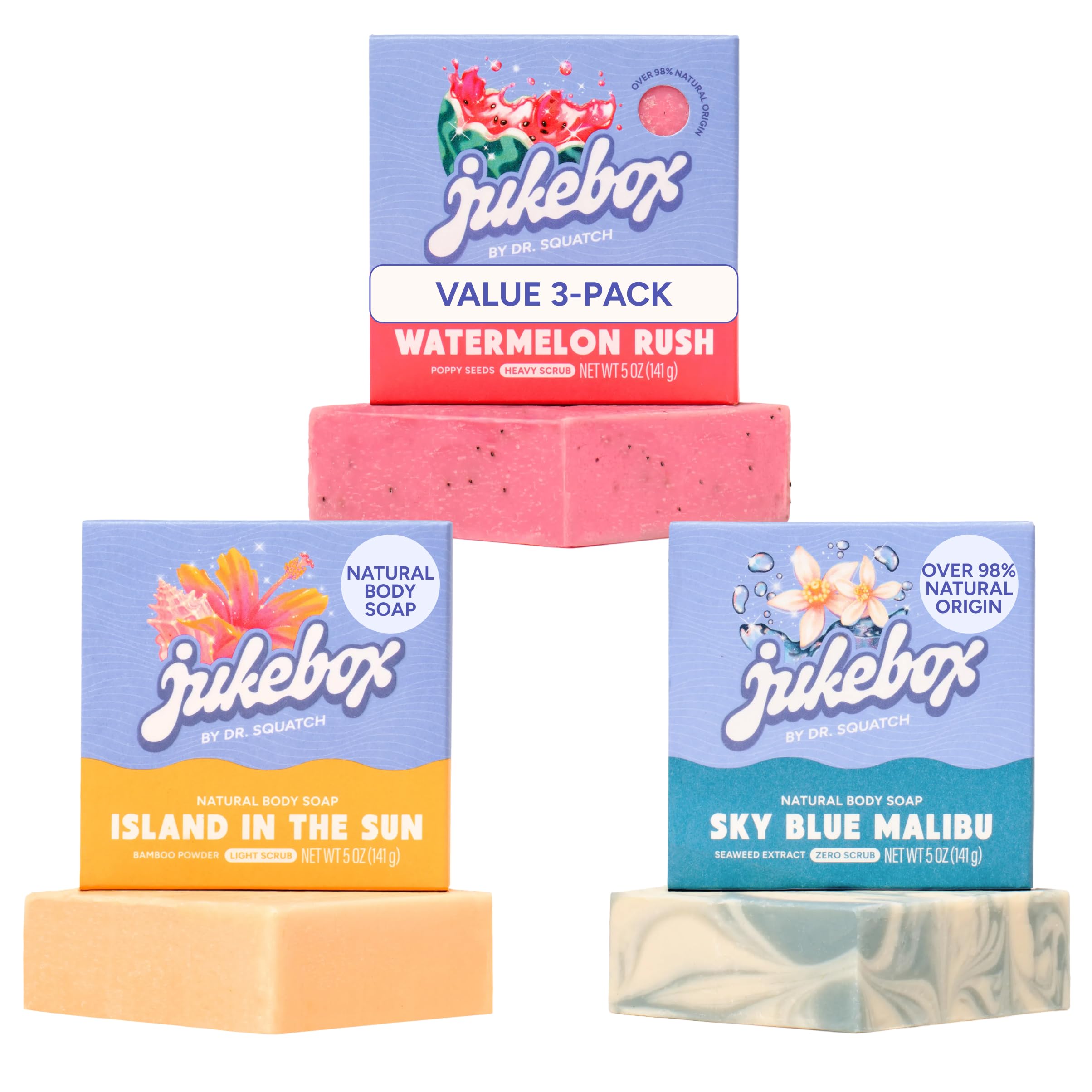 JUKEBOX 3-pack front packaging showing all three scented bars and natural ingredients benefit
