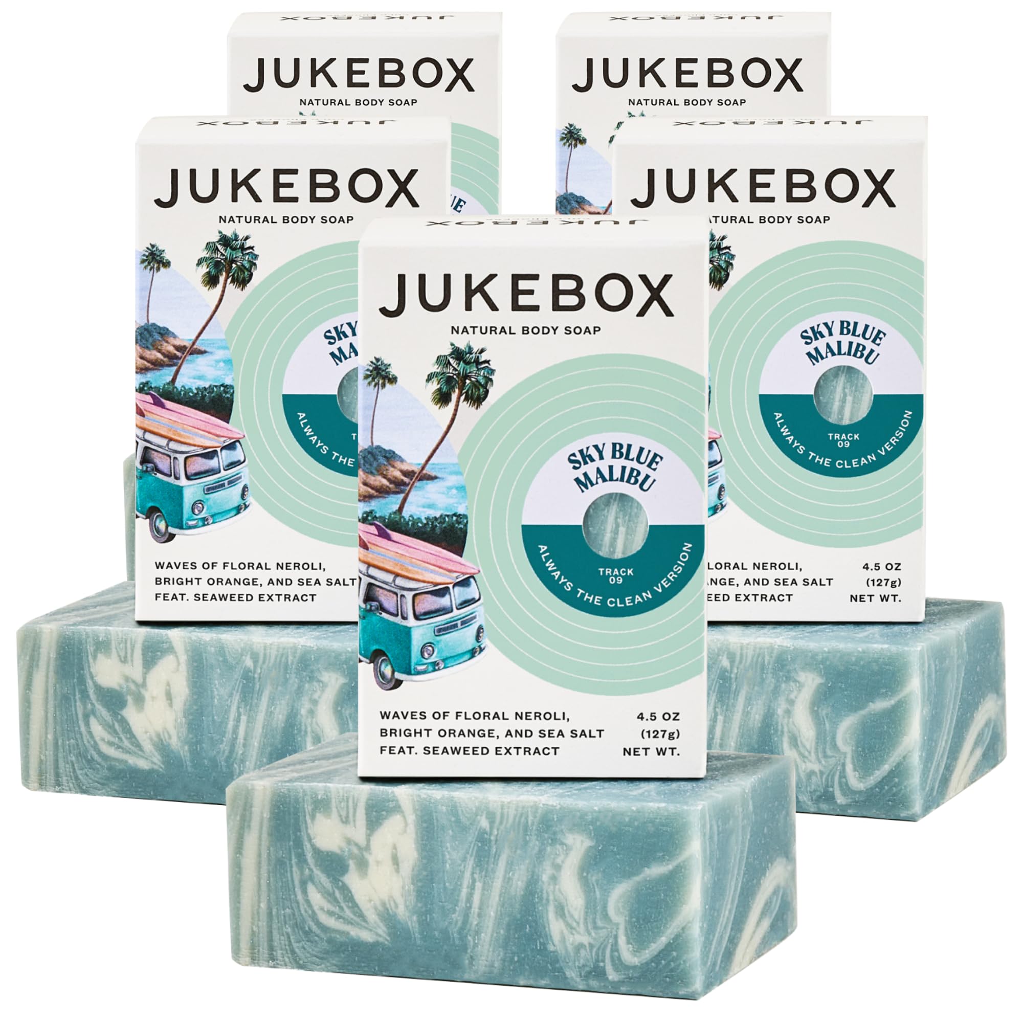 JUKEBOX five-pack front packaging showing scent trio and natural benefits