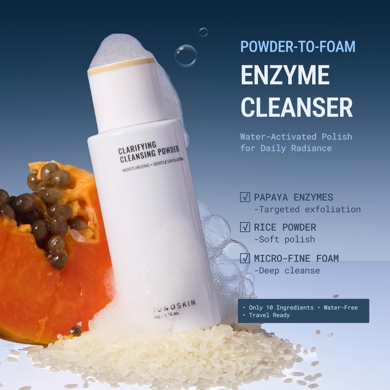 JUNO & Co. cleansing powder staged in bathroom for routine convenience