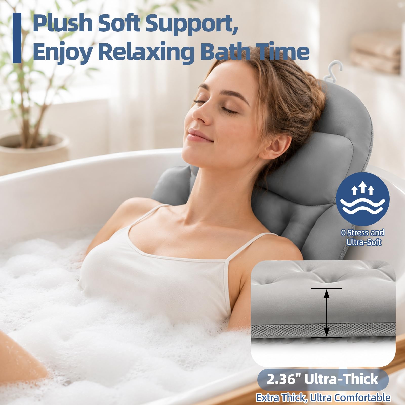 JUOIFIP full pillow laid in tub demonstrating head-to-hip coverage for full-body comfort