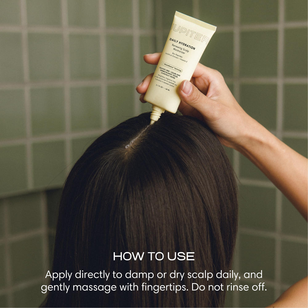Jupiter moisturizer being applied to scalp illustrating targeted hydration benefit