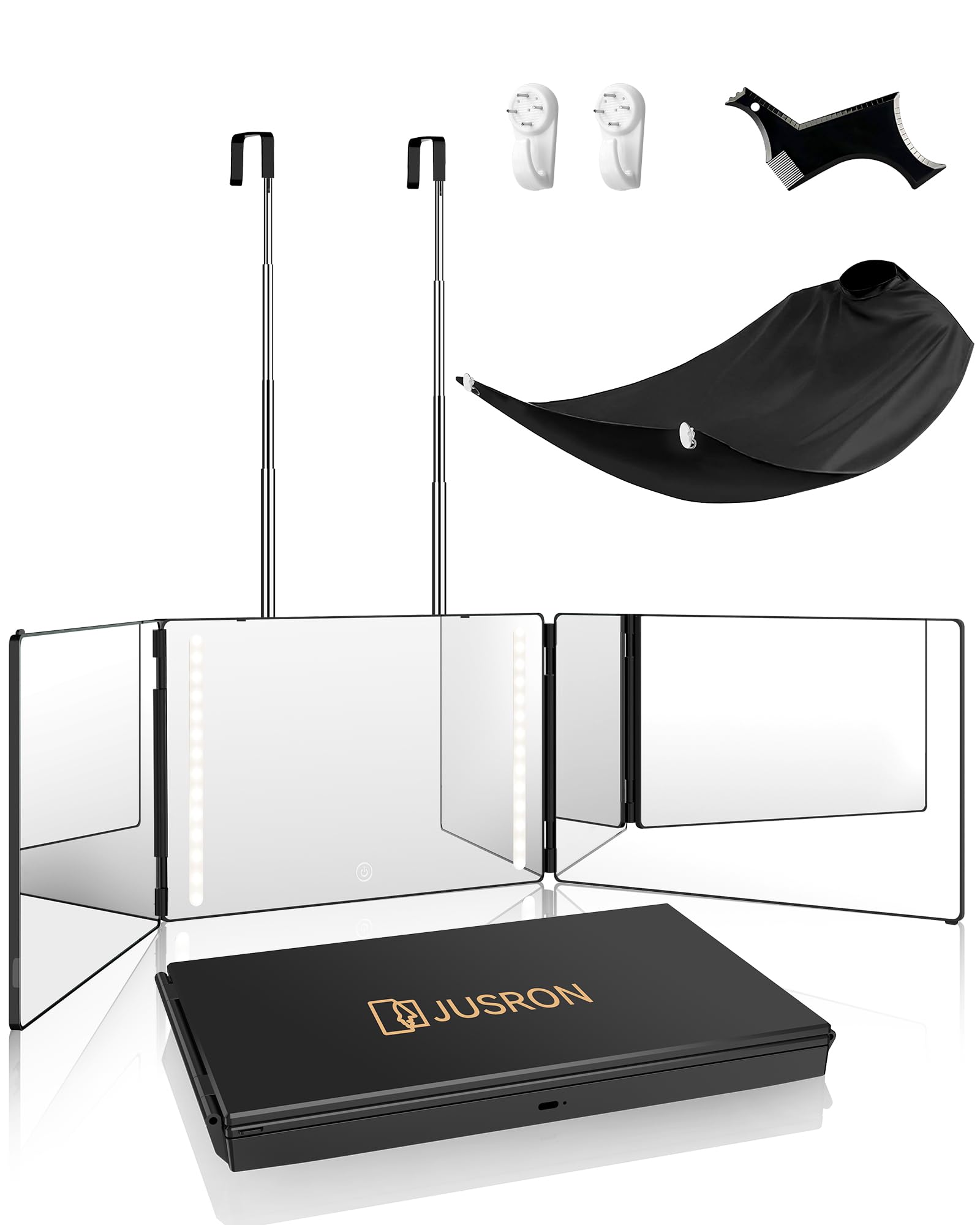 JUSRON front packaging showing mirror box and included hooks for easy setup