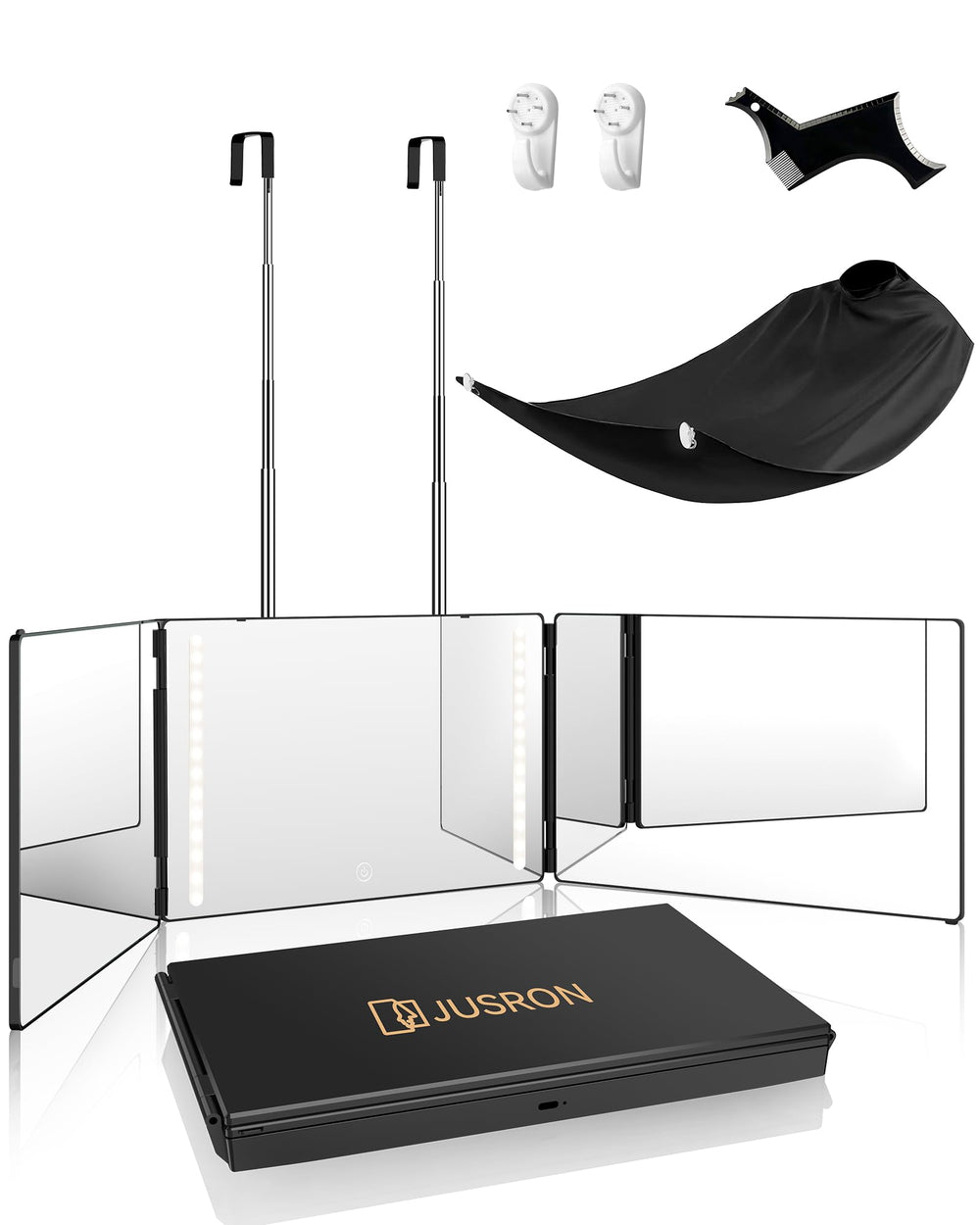 JUSRON front packaging showing mirror box and included hooks for easy setup