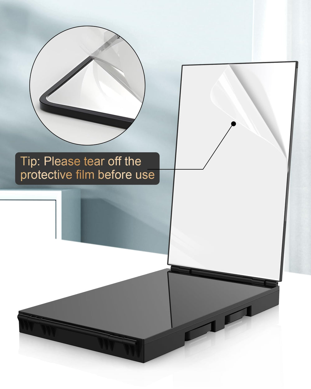 JUSRON beside ruler for size comparison showing portable travel-friendly dimensions