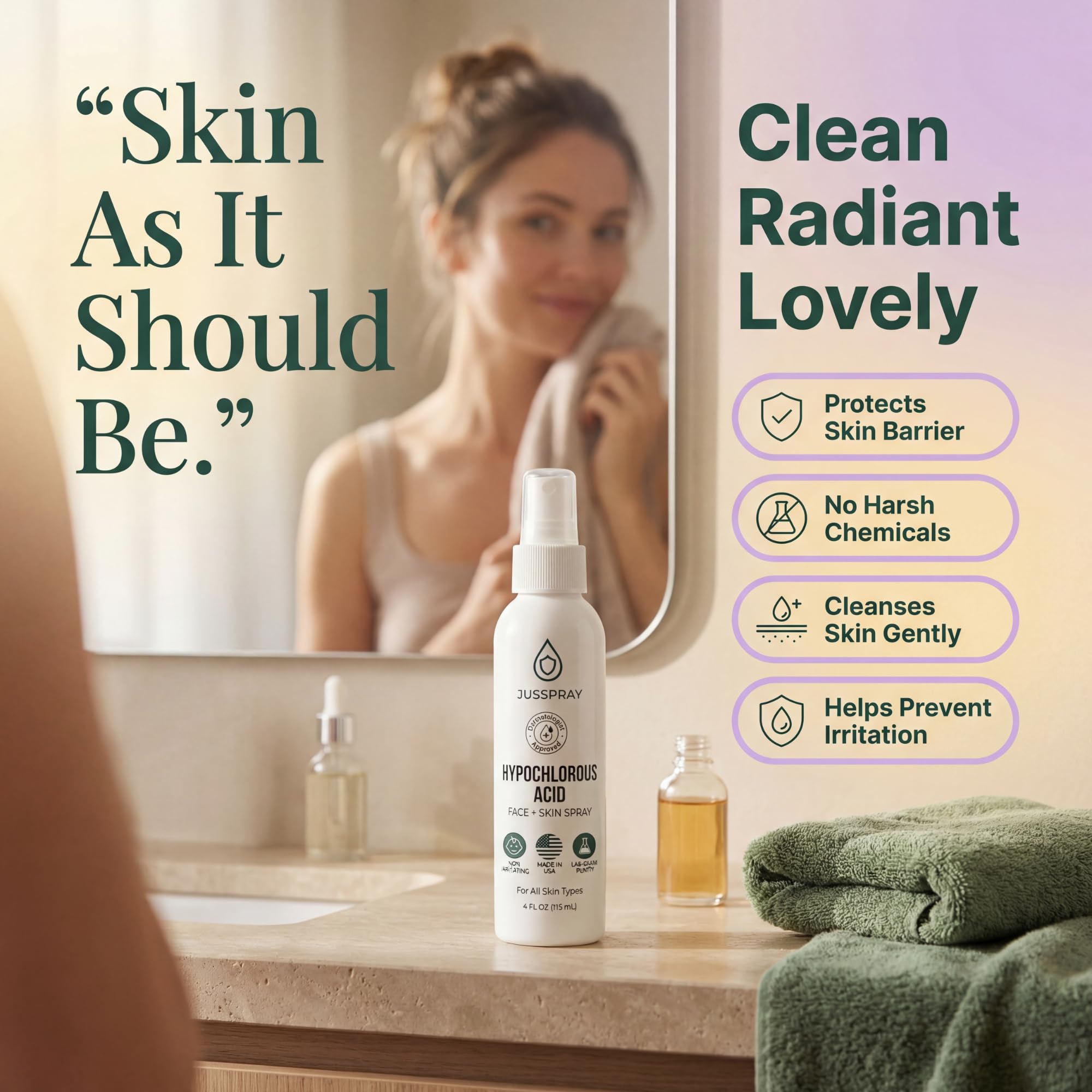 Jusspray bottle in bathroom setting conveying everyday skincare routine benefit