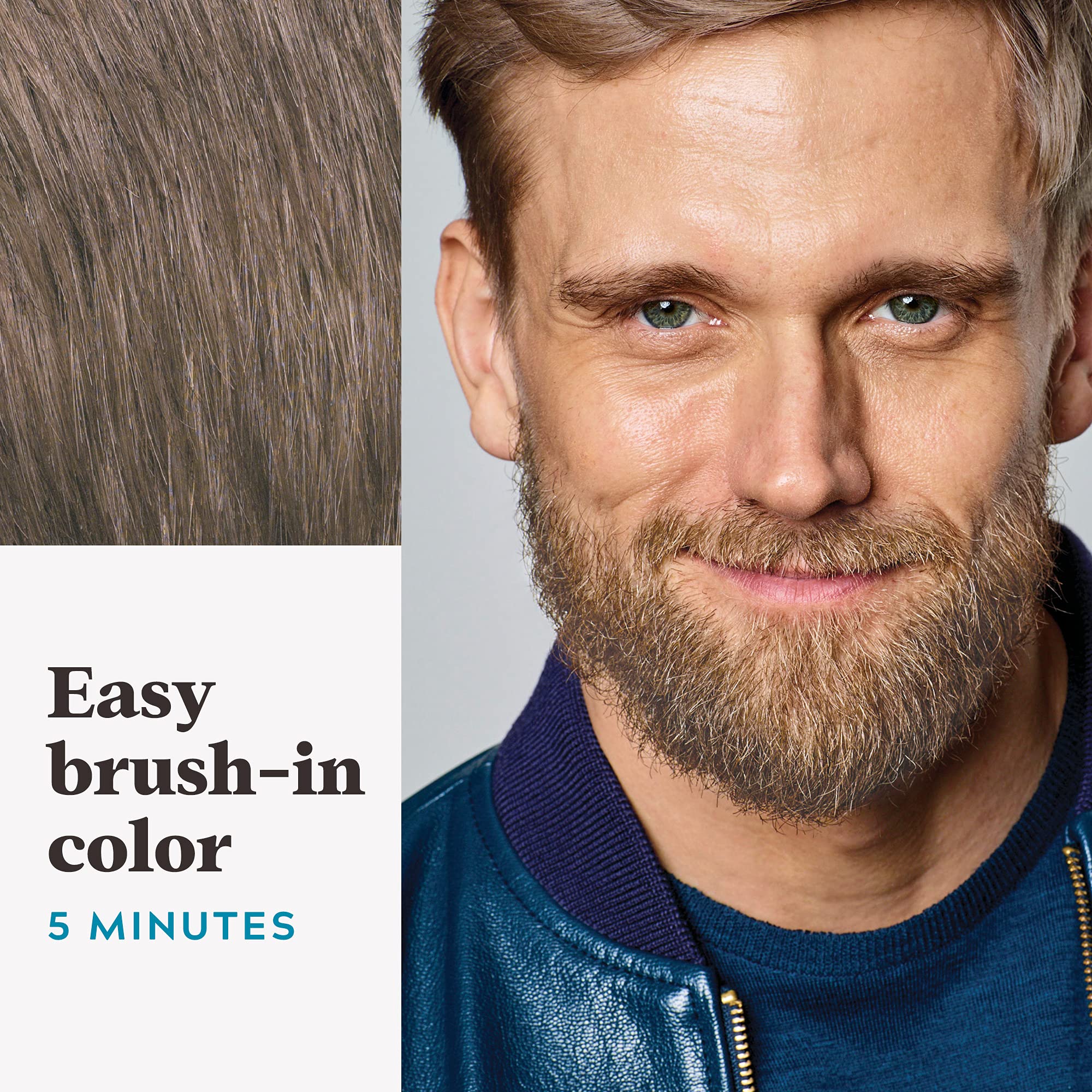 Just For Men application on mustache, showing quick five-minute coverage benefit