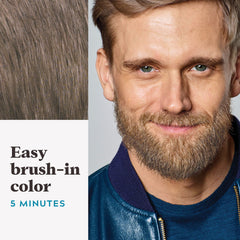 Just For Men application on mustache, showing quick five-minute coverage benefit