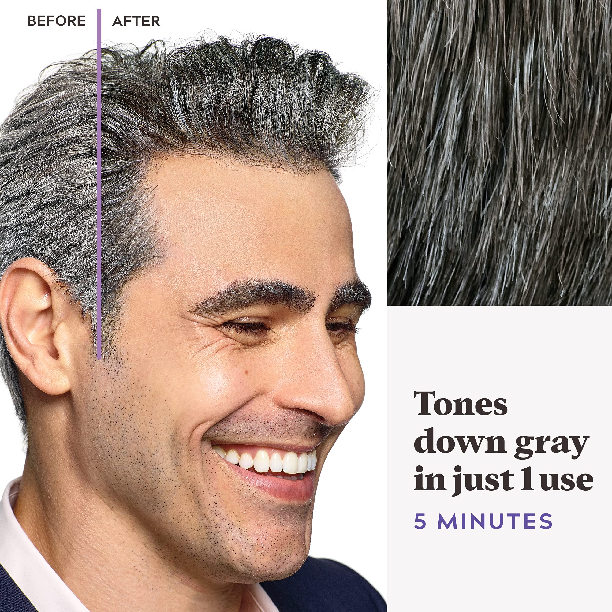 Just For Men product being combed through hair demonstrating quick five-minute use
