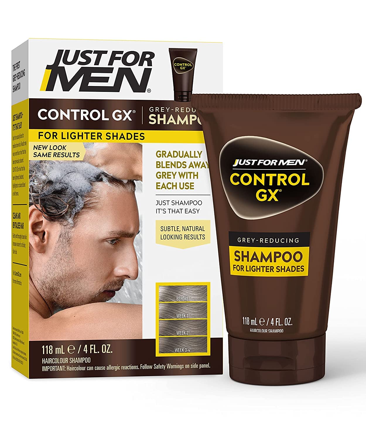 Just for Men Control GX front bottle showing product benefits and natural finish