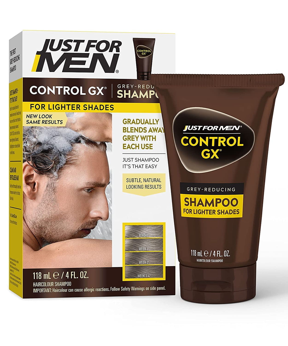 Just for Men Control GX front bottle showing product benefits and natural finish