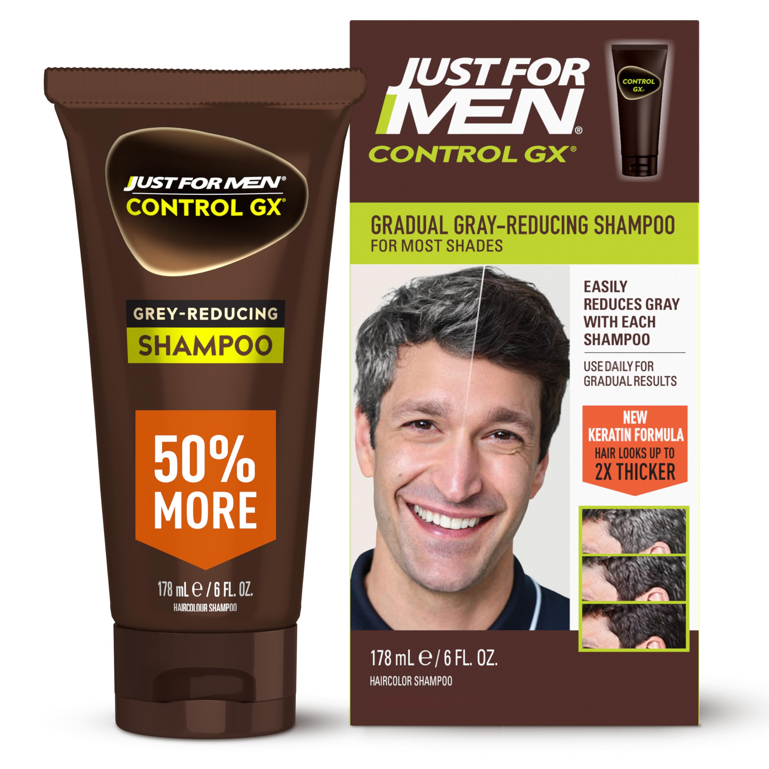 Just for Men Control GX front bottle showing size and usage benefit