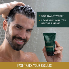 Just for Men before and after scale view illustrating thicker hair effect