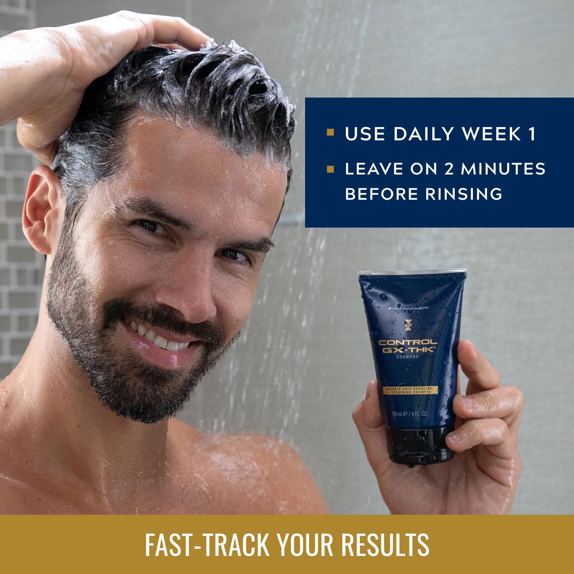 Just for Men in-shower use showing application and gradual color benefit