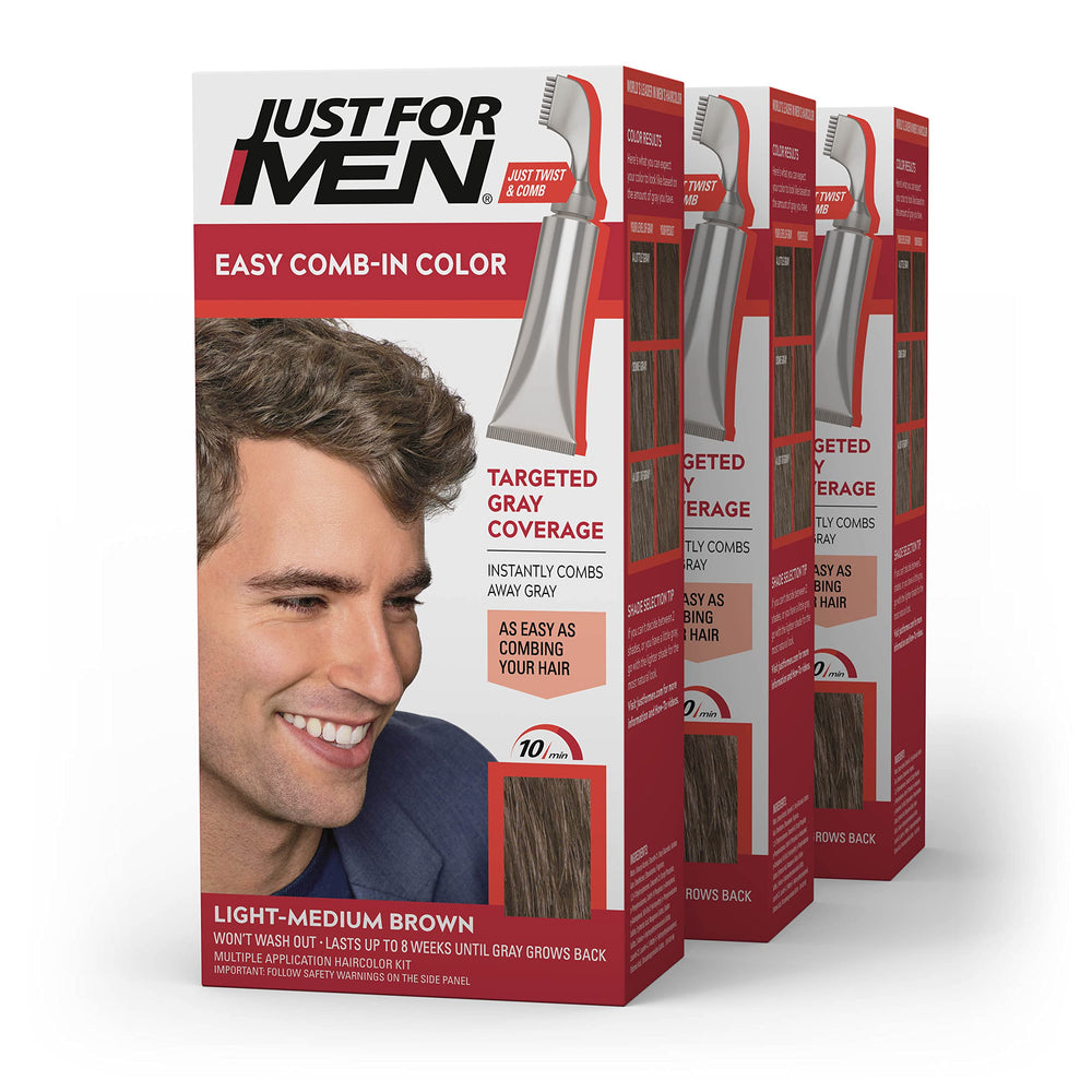 Just For Men front packaging showing three-pack and easy comb-in benefit
