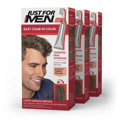 Just For Men front packaging showing three-pack and easy comb-in benefit