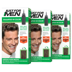 Just For Men front packaging showing medium-dark brown shade and quick result benefit