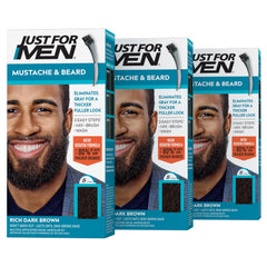 Just For Men front packaging showing Rich Dark Brown M-47 and 3-pack convenience