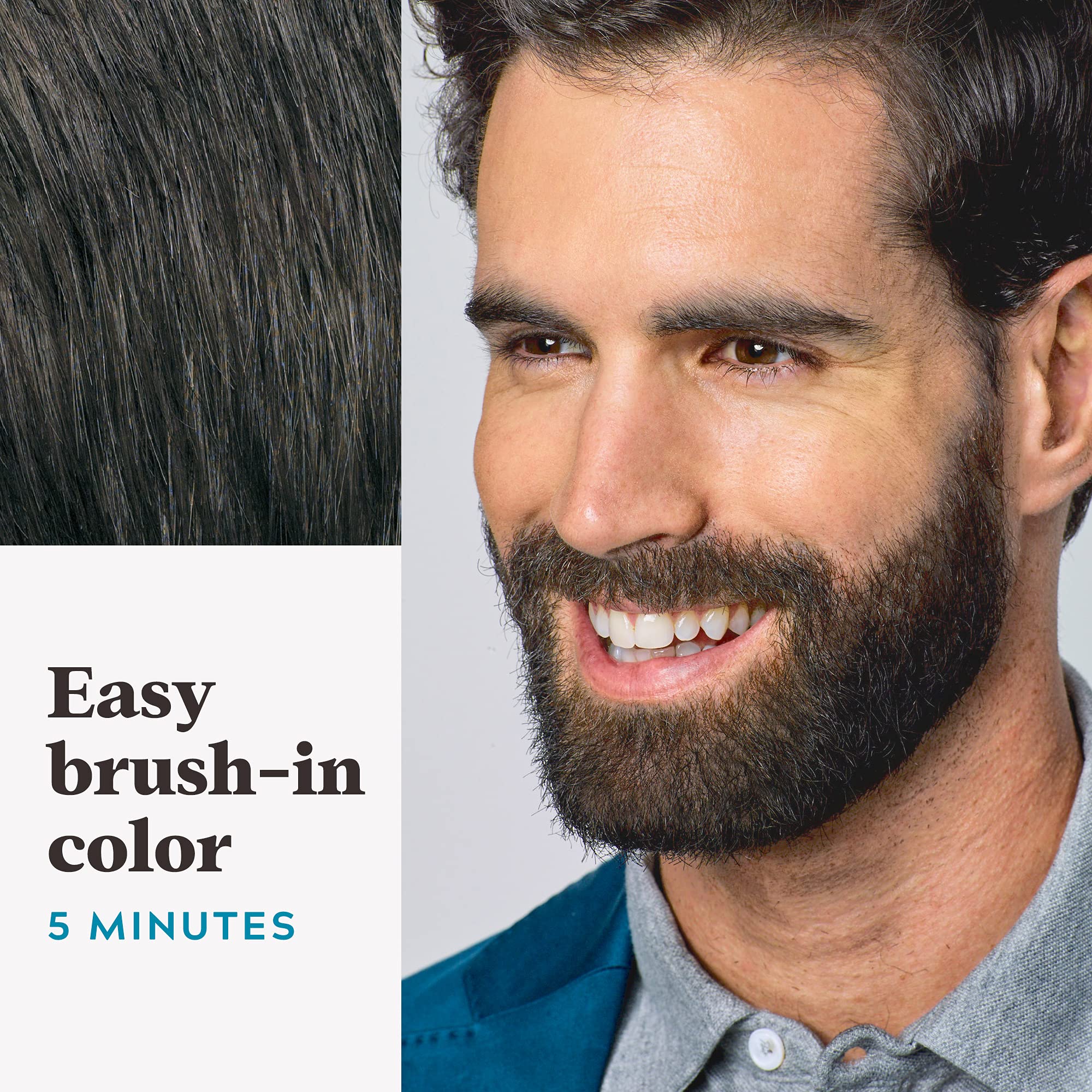 Just For Men product being applied to beard, demonstrates fast five-minute use