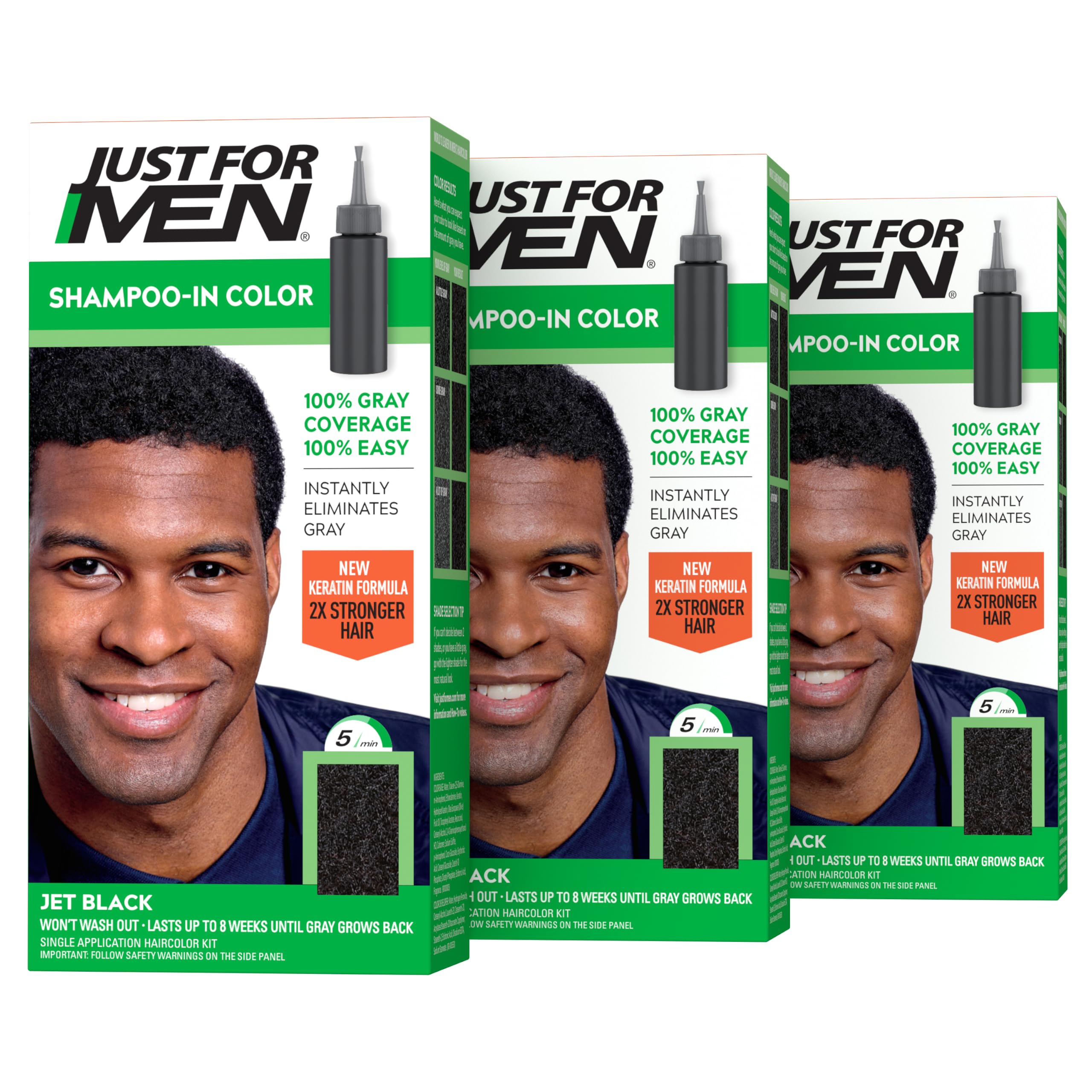 Just for Men front packaging showing jet black color and three-pack benefit