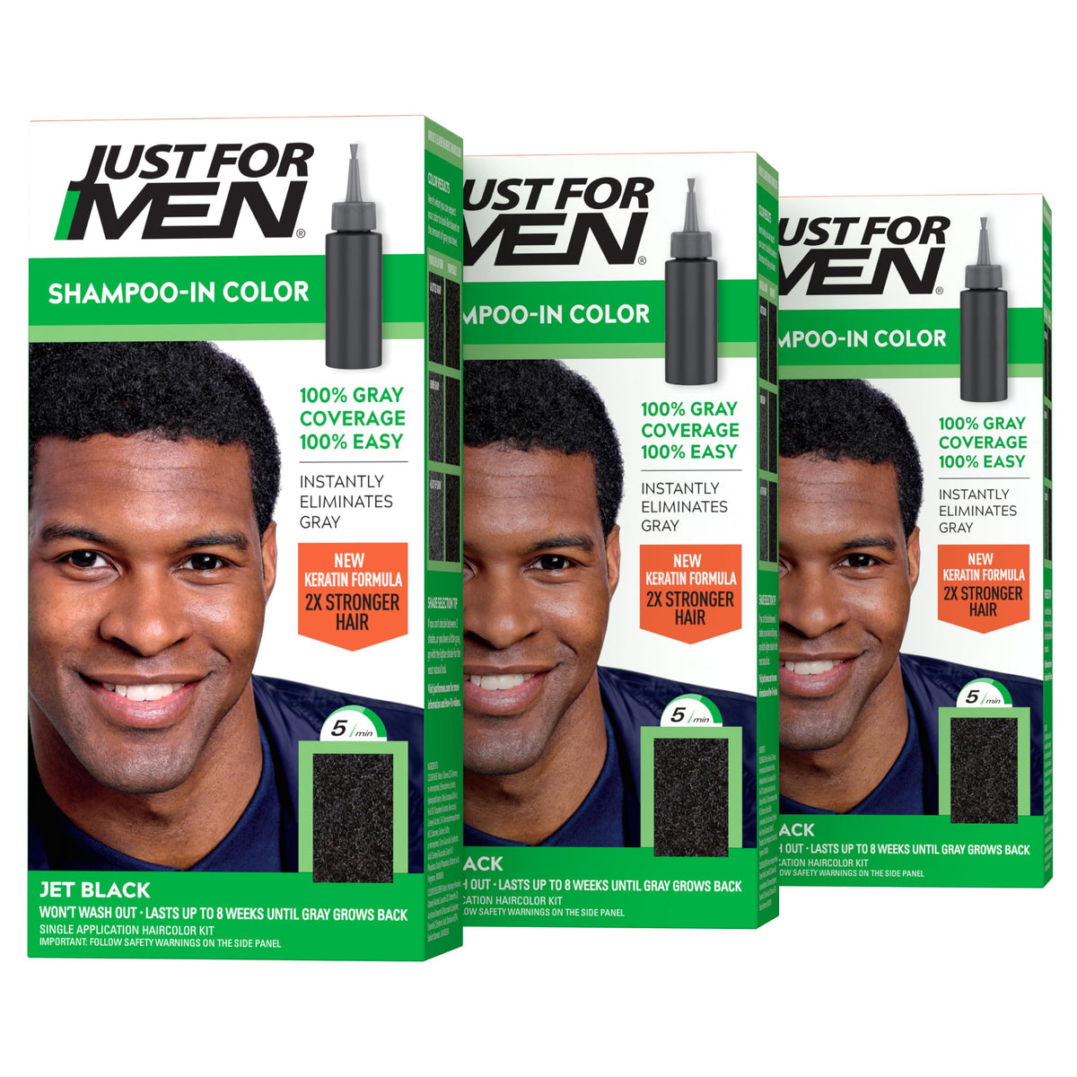 Just for Men front packaging showing jet black color and three-pack benefit