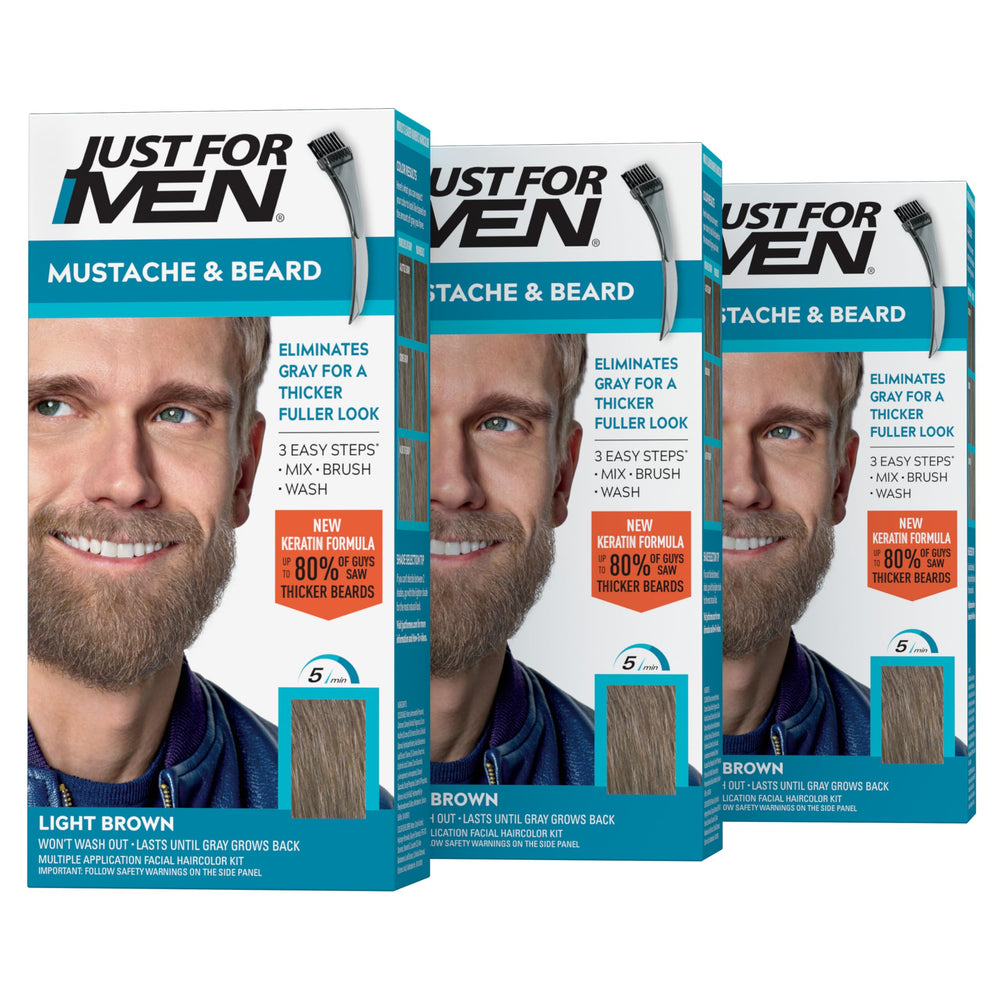 Just For Men front packaging showing Light Brown M-25, clear shade preview and benefits