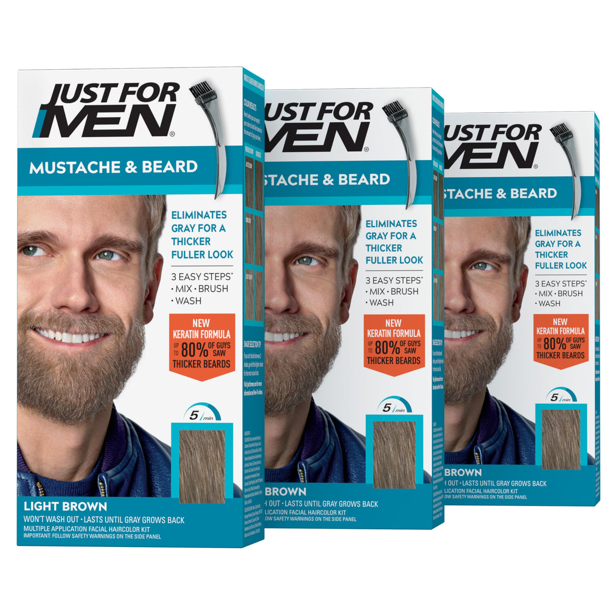Just For Men front packaging showing Light Brown M-25, clear shade preview and benefits