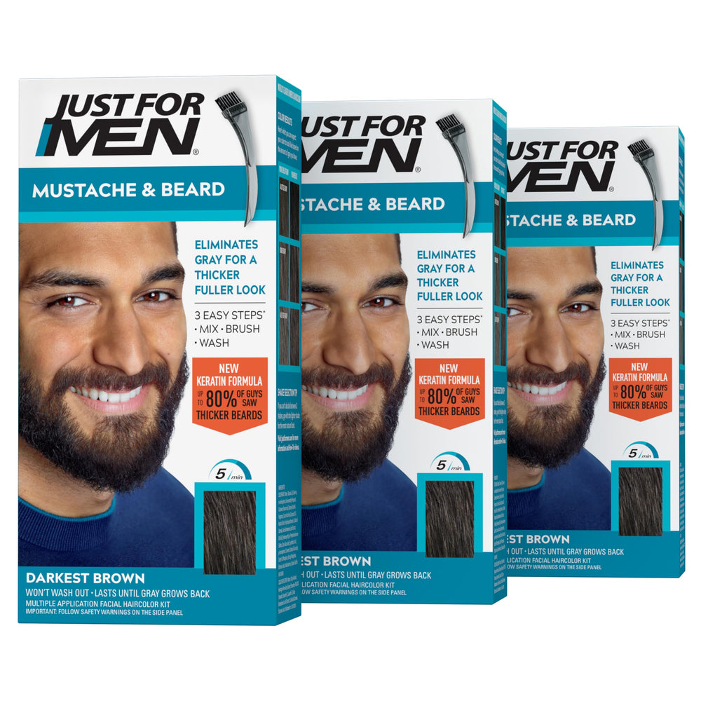 Just For Men front packaging showing M-50 darkest brown, clear product information and benefits