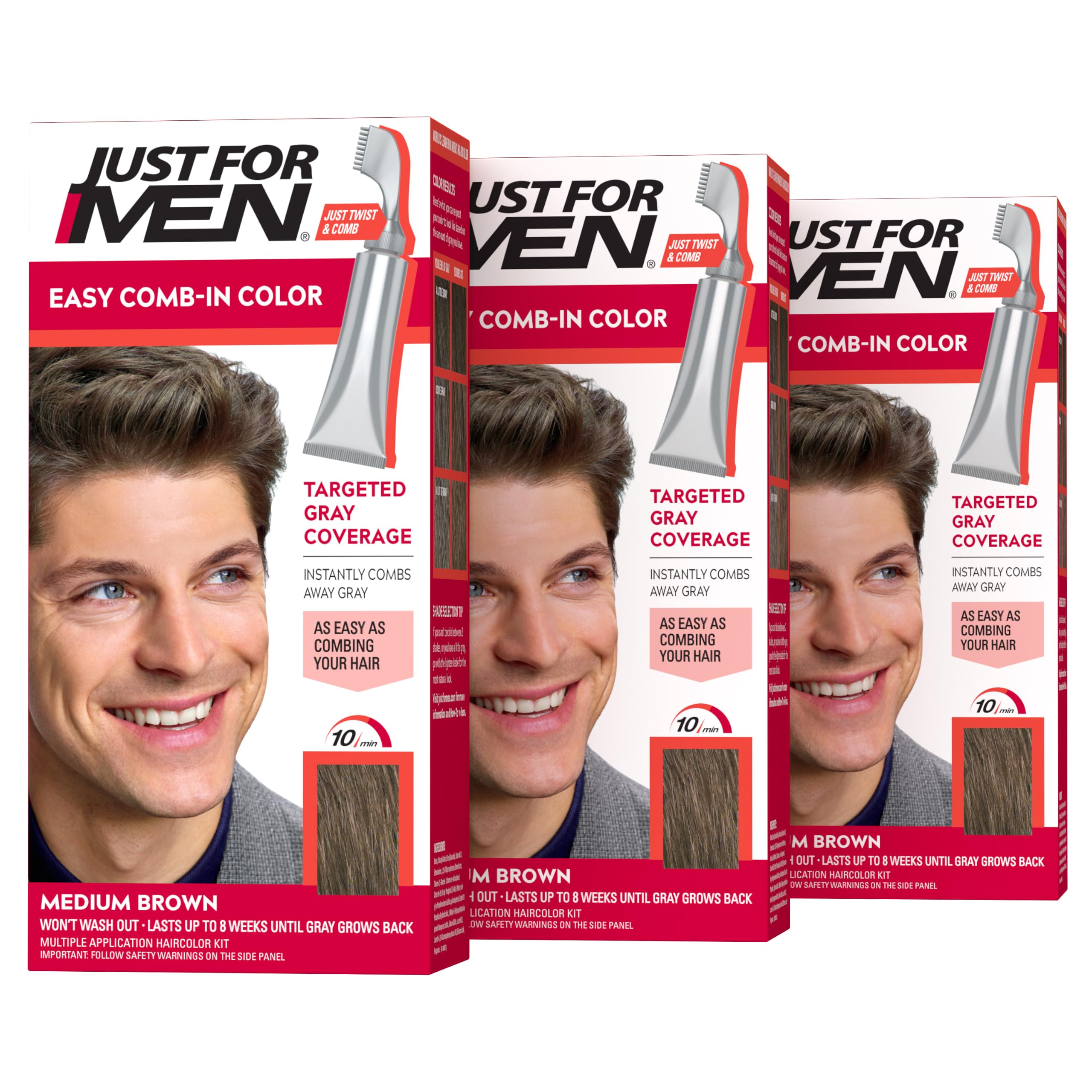 Just For Men front packaging showing Medium Brown three-pack and clear labeling for easy purchase