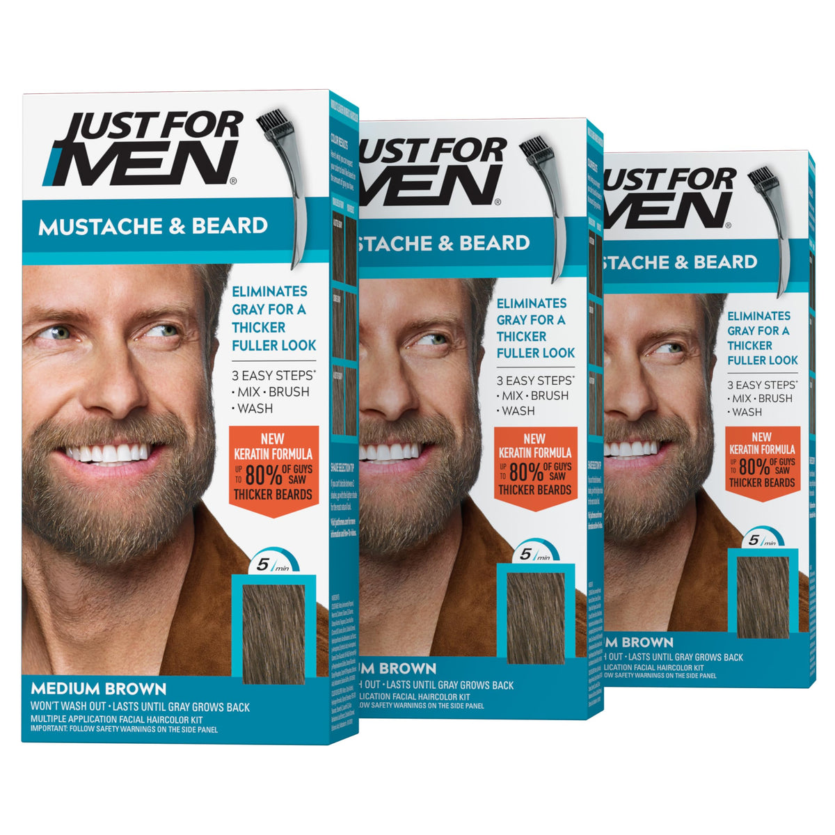 Just For Men medium brown front packaging showing three boxes and benefits
