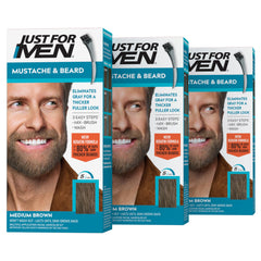 Just For Men medium brown front packaging showing three boxes and benefits