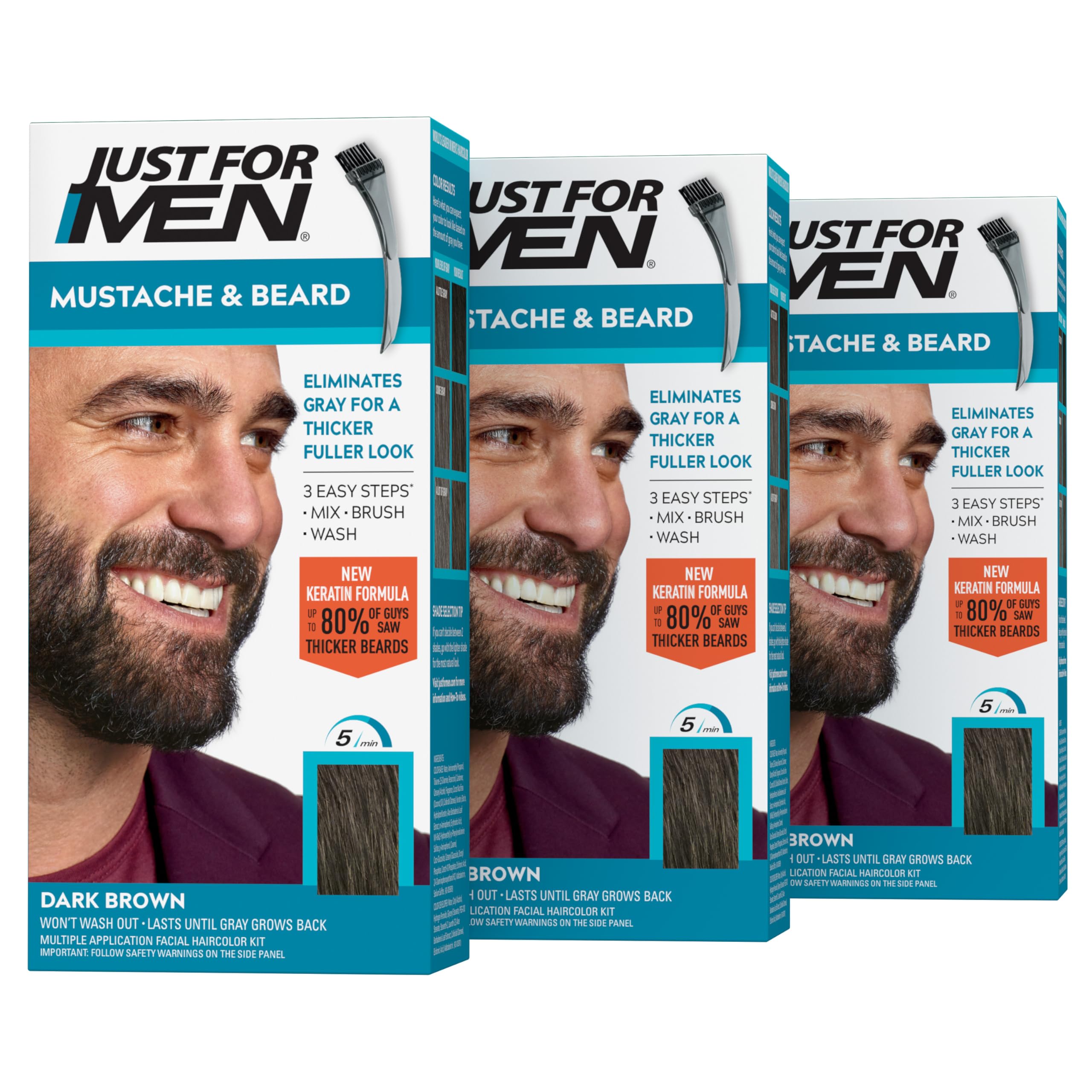 Just For Men front packaging showing Dark Brown M-45 and easy application benefit