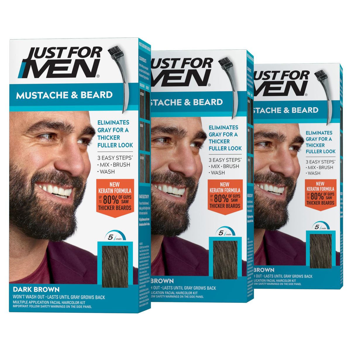 Just For Men front packaging showing Dark Brown M-45 and easy application benefit