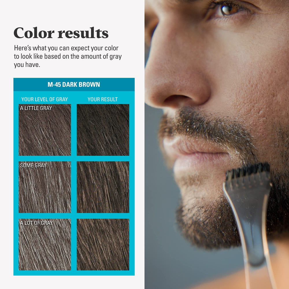Just For Men before and after beard photos showing fuller, evenly colored result