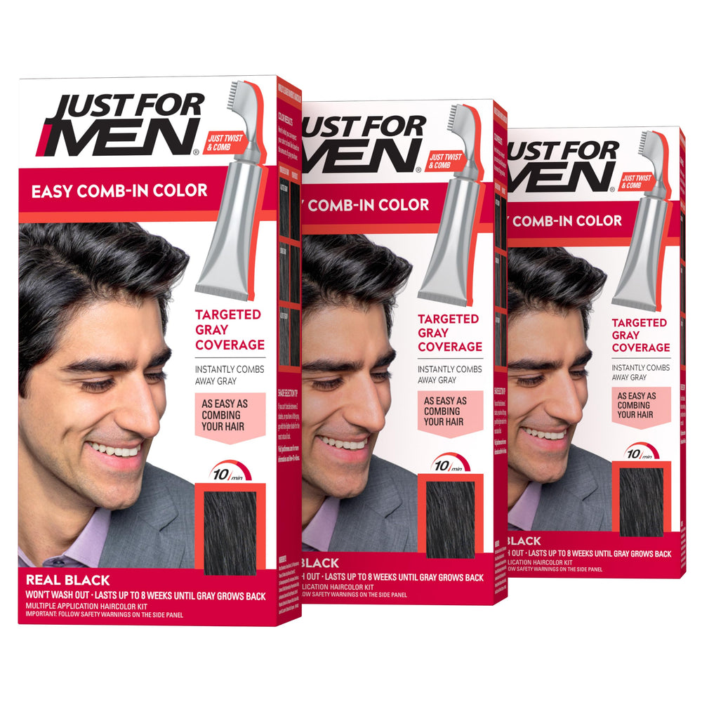 Just For Men front packaging showing Real Black three-pack and benefits