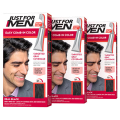 Just For Men front packaging showing Real Black three-pack and benefits