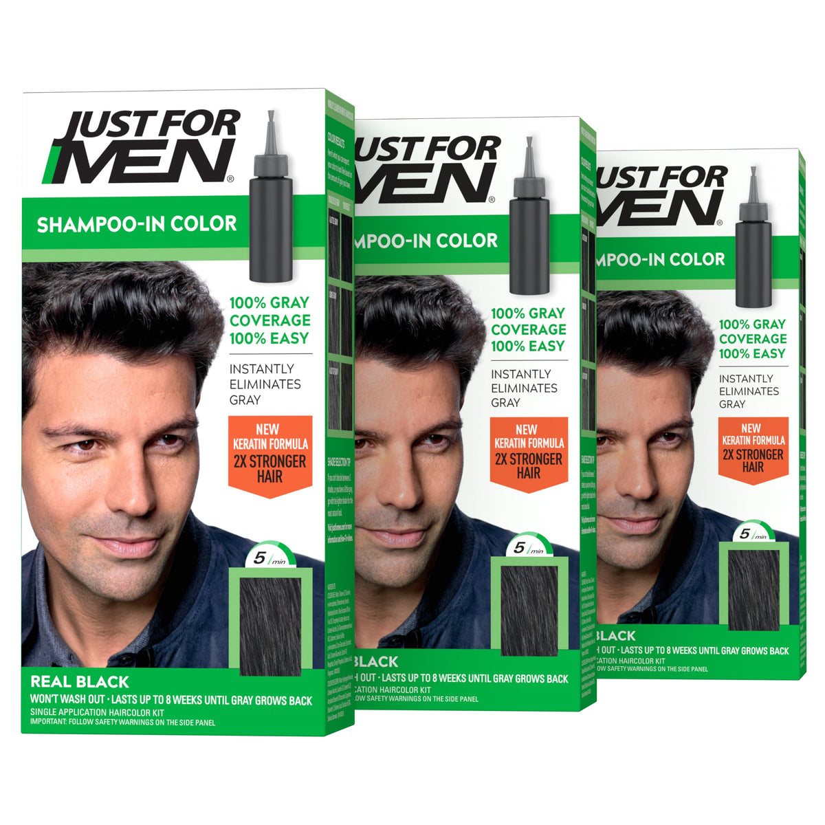 Just For Men front packaging showing Real Black H-55 and three-box pack for reliable coverage