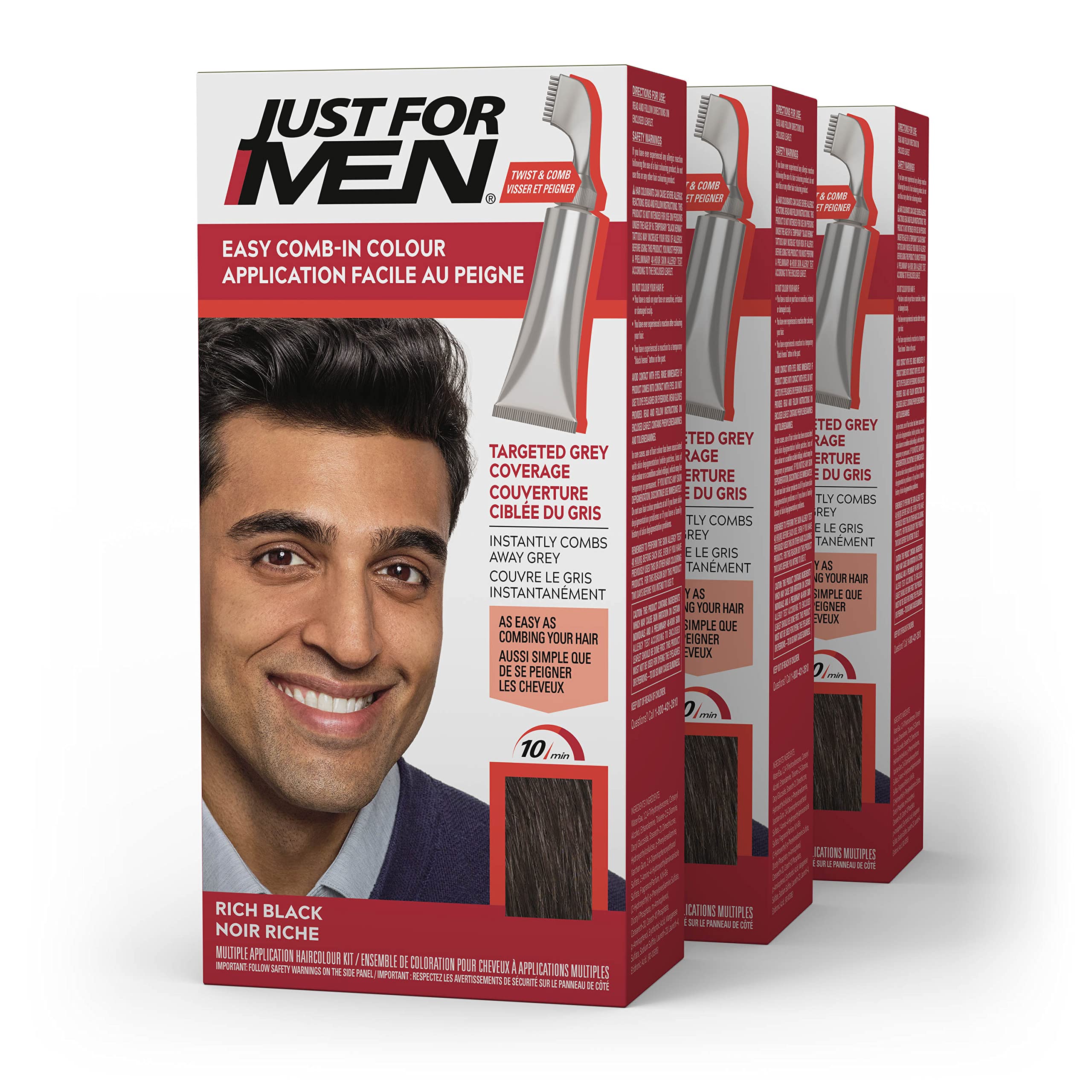 Just For Men front packaging showing Rich Black and benefits