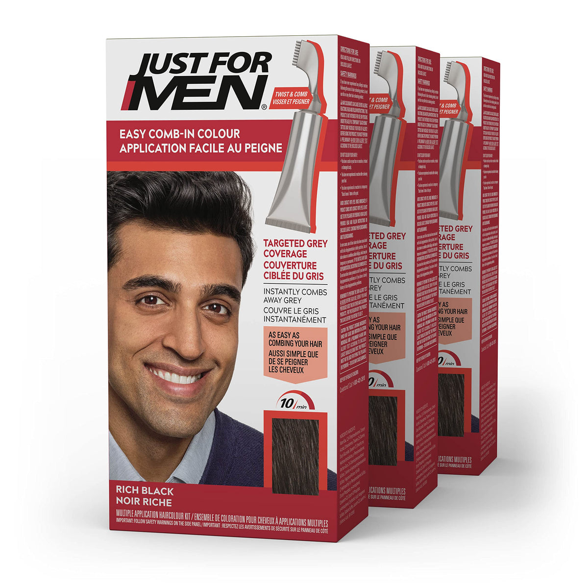 Just For Men front packaging showing Rich Black and benefits