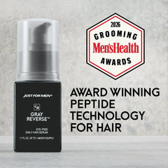 Just for Men serum texture on fingertip illustrating lightweight finish