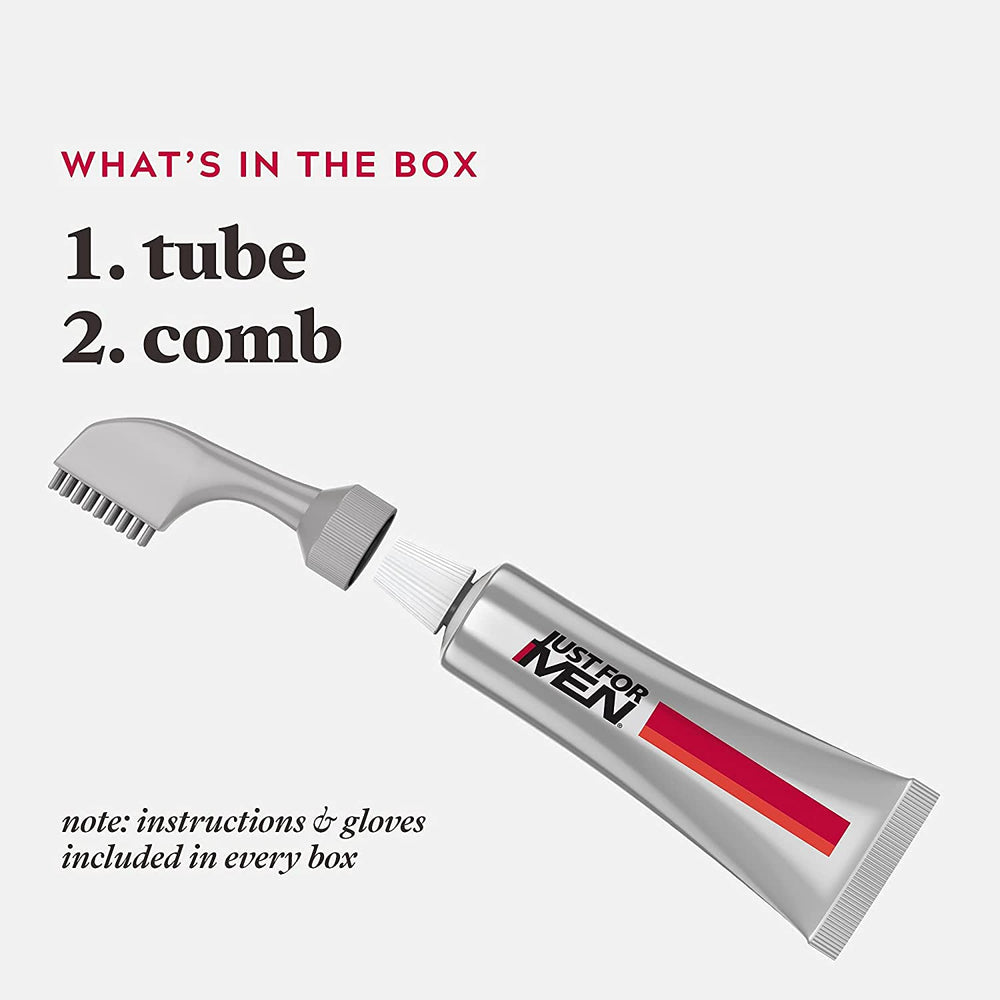 Just For Men tube close-up displaying pre-mixed no-mix formula